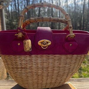 Maggi B Straw Tote Bag with Fuchsia Trim and Bamboo Handles